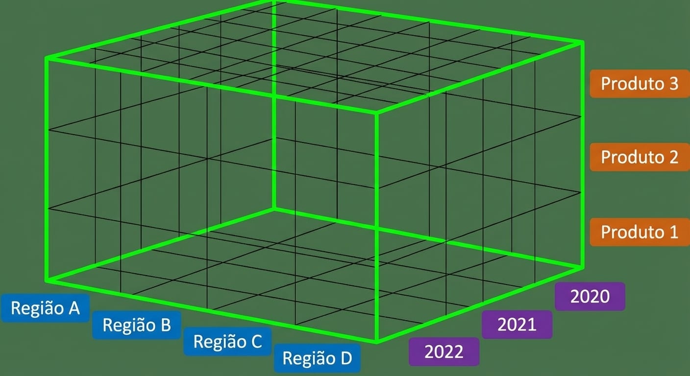Imagem de um cubo com eixos rotulados como região, ano e produto