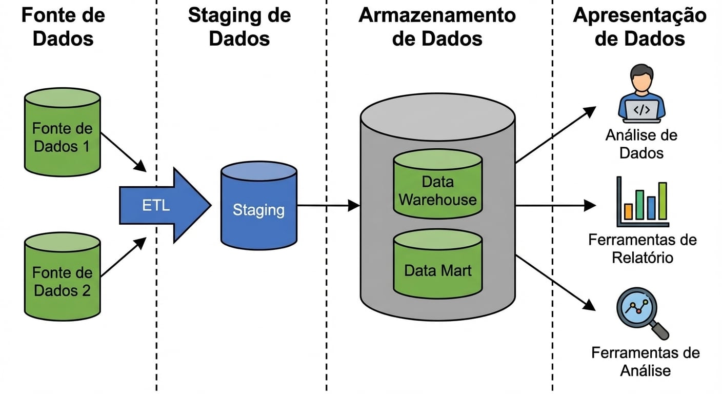 Imagem com dois ícones de banco de dados e uma seta com rótulo ETL, um ícone de banco de dados com rótulo staging, um ícone de banco com dois ícones menores rotulados data warehouse e data mart, e um ícone de pessoa no computador, um relatório e uma lupa