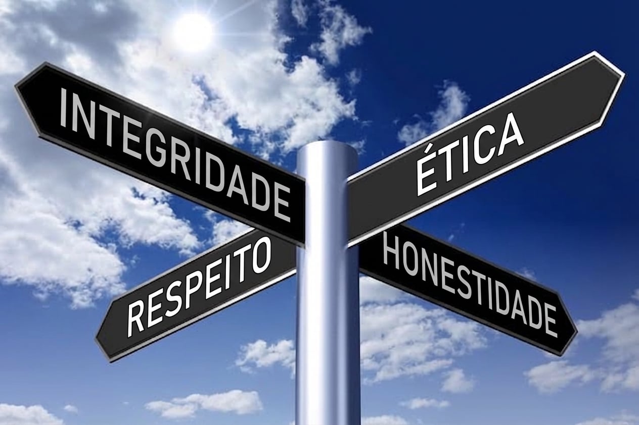 Um poste com quatro placas: ética, honestidade, respeito, integridade