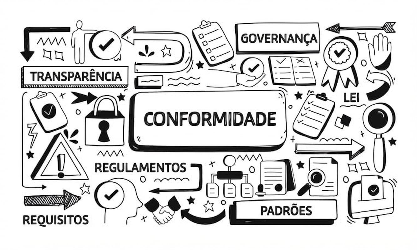 Imagem com a palavra compliance cercada por objetos e termos como governance, requirements e regulations