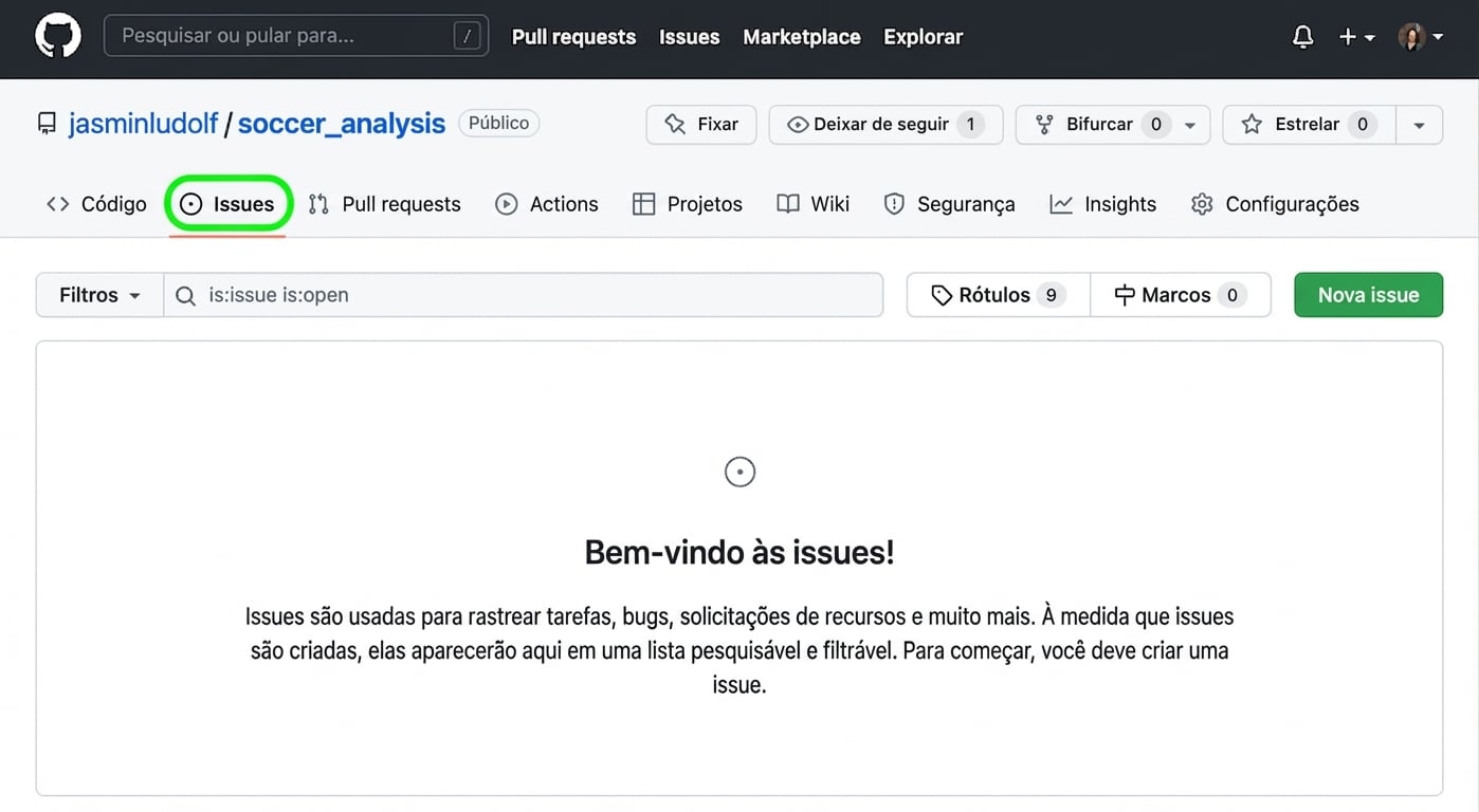 Repositório de análise de futebol com a guia Issues destacada