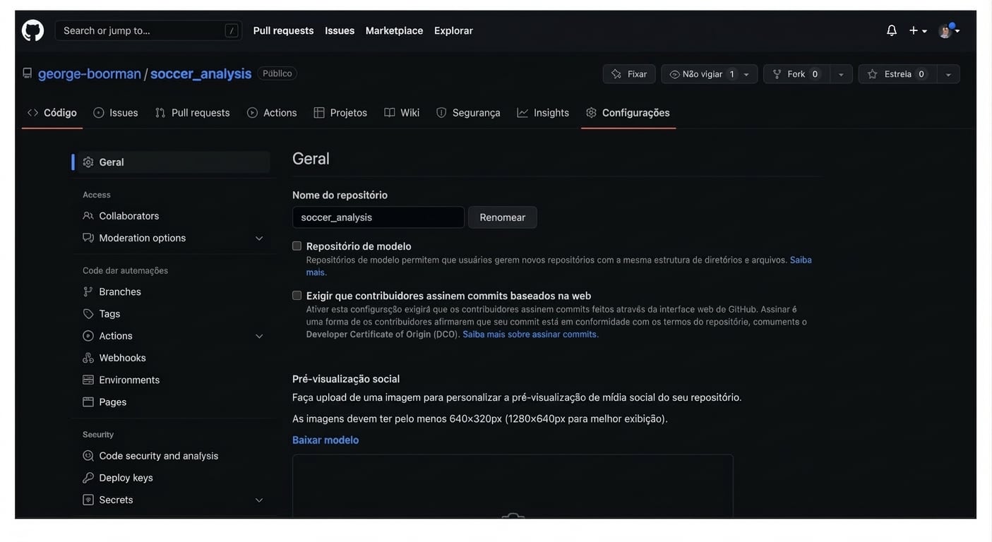 seção Branches na aba Settings