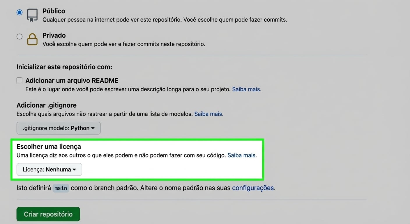 Tela de criação de repositório no GitHub com a opção de licença destacada
