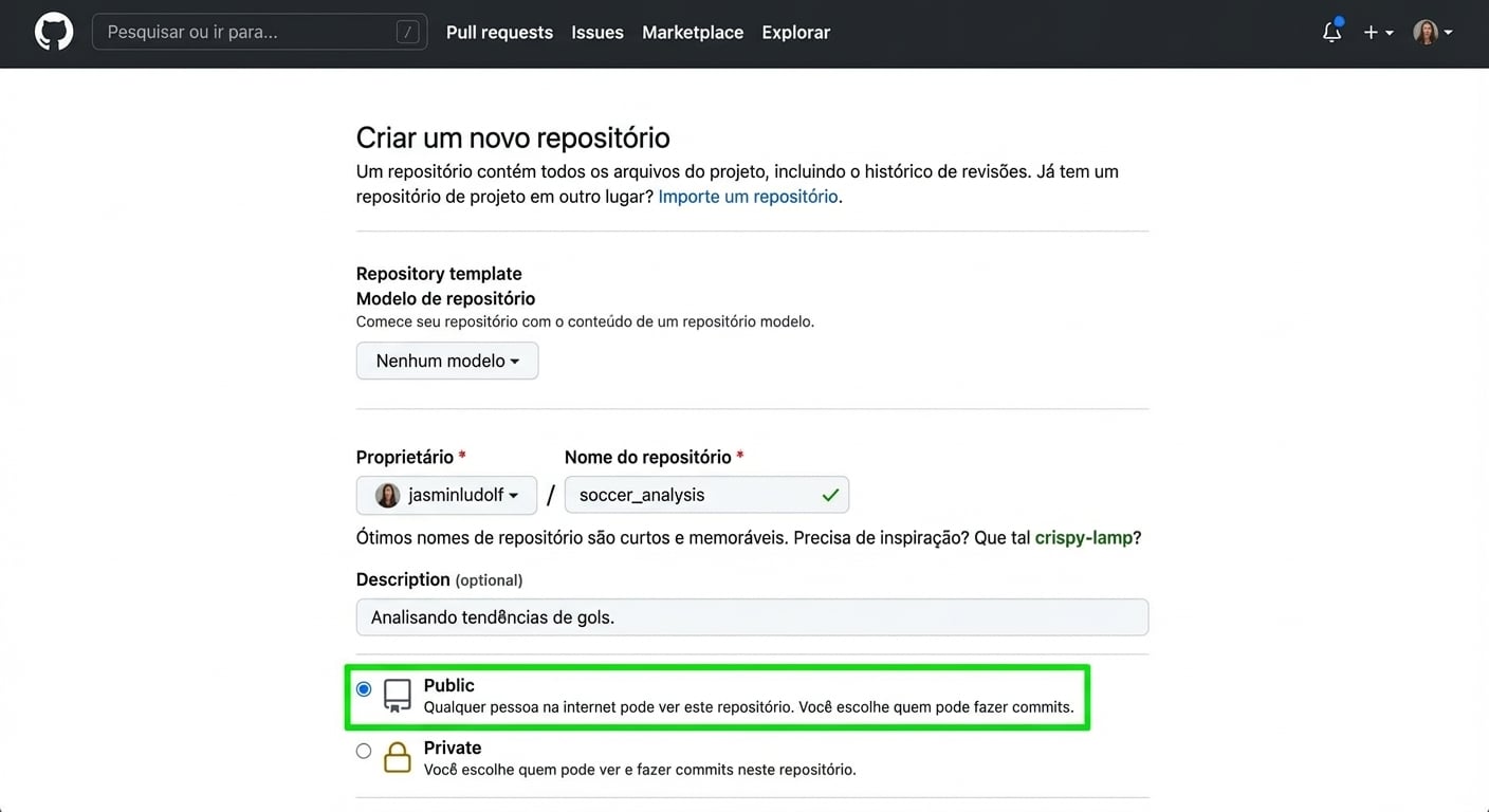Tela de criação de repositório no GitHub com a opção pública destacada