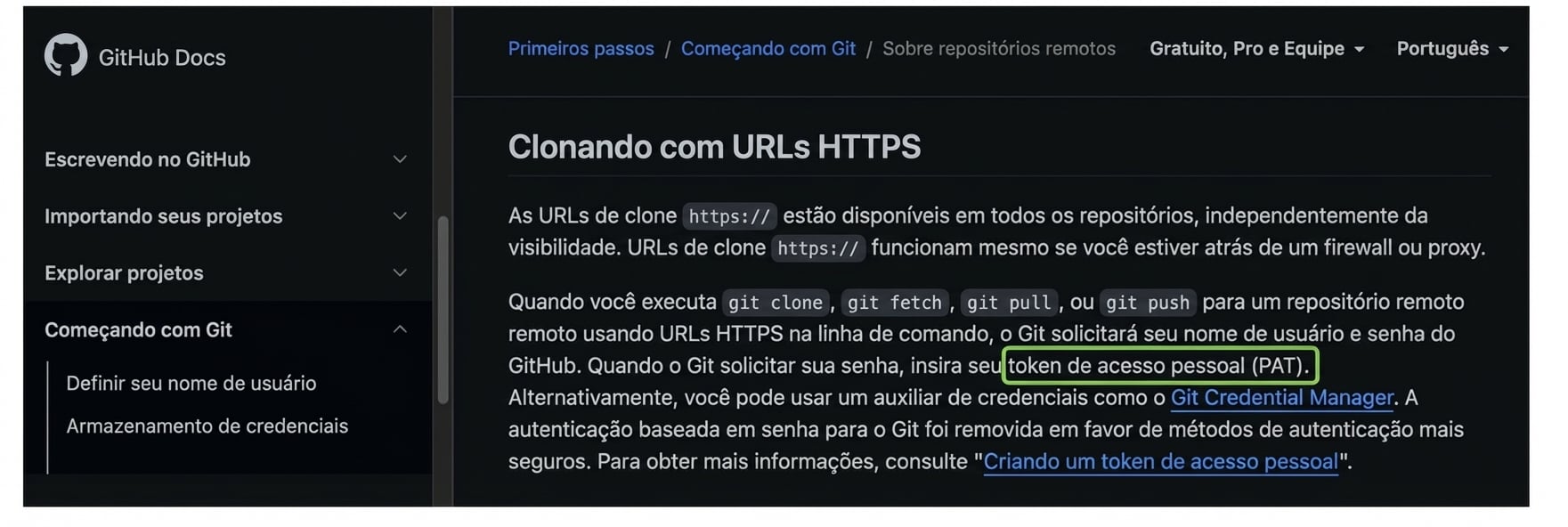Página da documentação do GitHub com instruções para fornecer um token de acesso pessoal (PAT) ao fazer git clone, fetch, pull ou push para um repositório remoto.