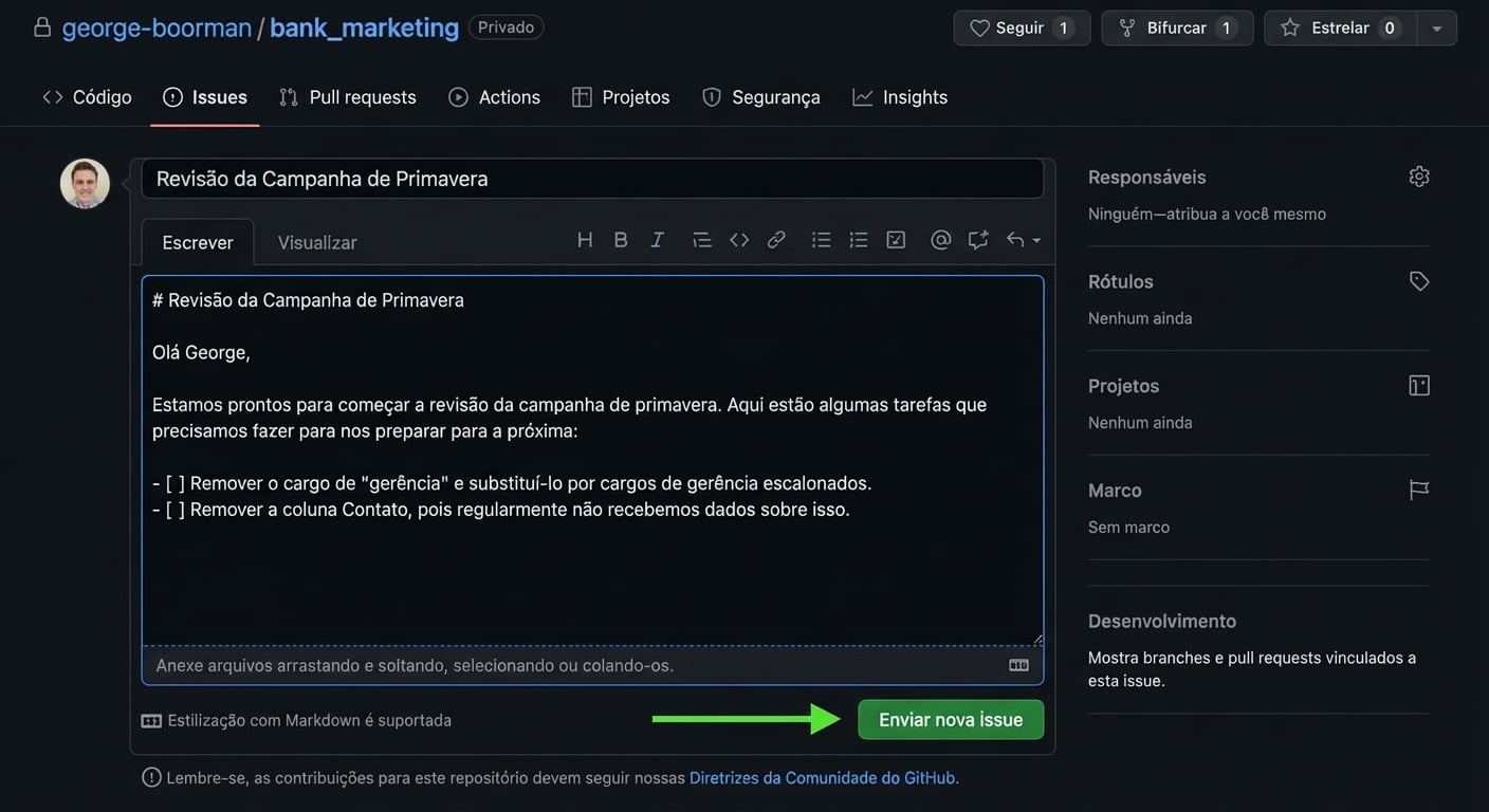 Visual ao criar uma issue com título e descrição preenchidos e botão “Submit new issue” destacado
