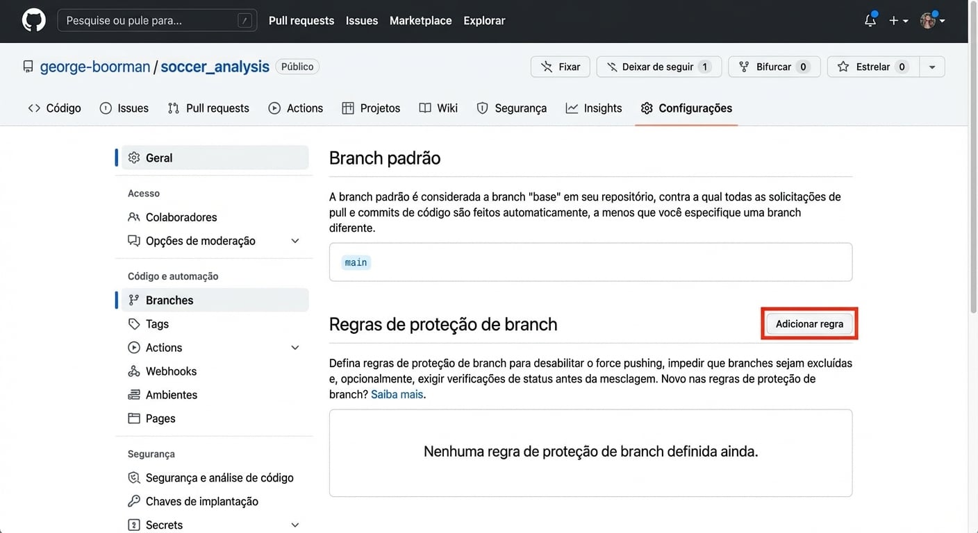 branches na aba Settings, mostrando Default branch como main e seção para adicionar Branch protection rules