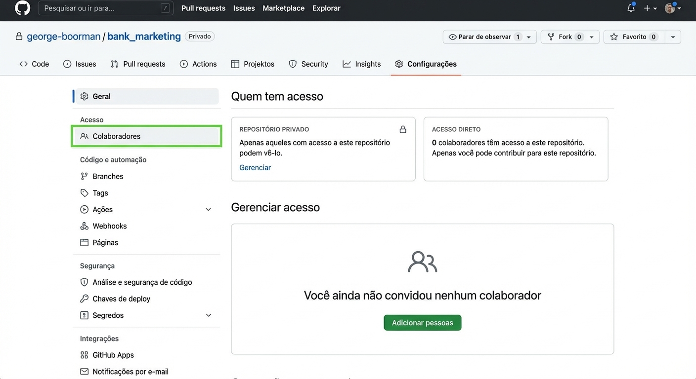 Página Collaborators na aba Settings mostrando quem tem acesso