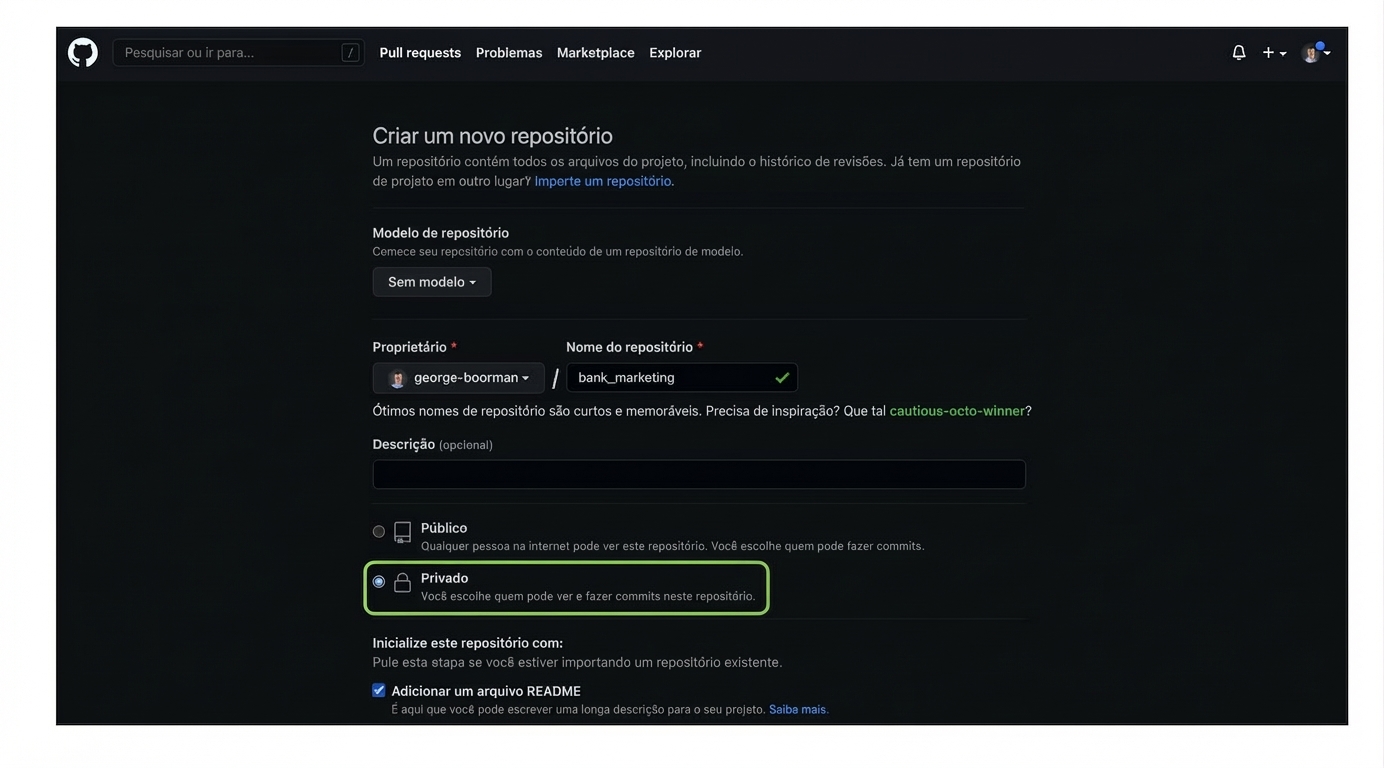 Criando um repositório privado chamado bank marketing