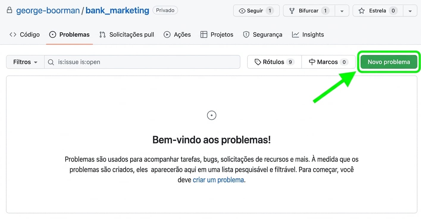 Visual da página de issues com o botão New issue destacado