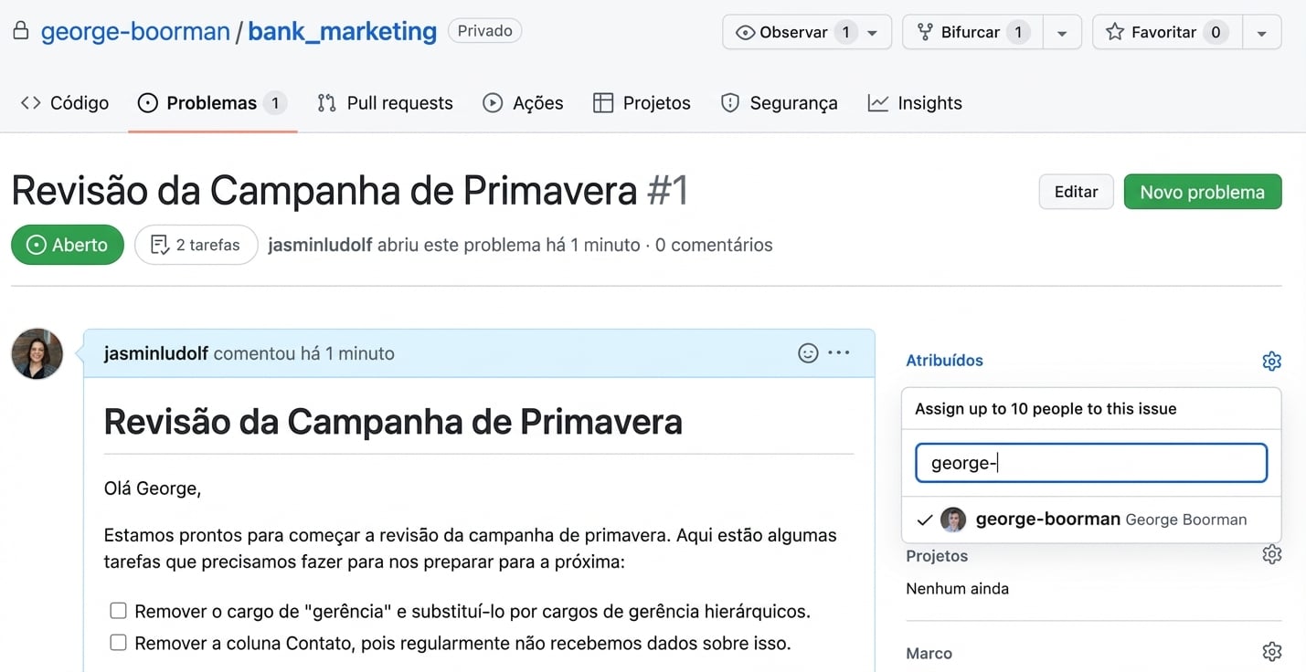 Visual de issue com opção de atribuição aberta