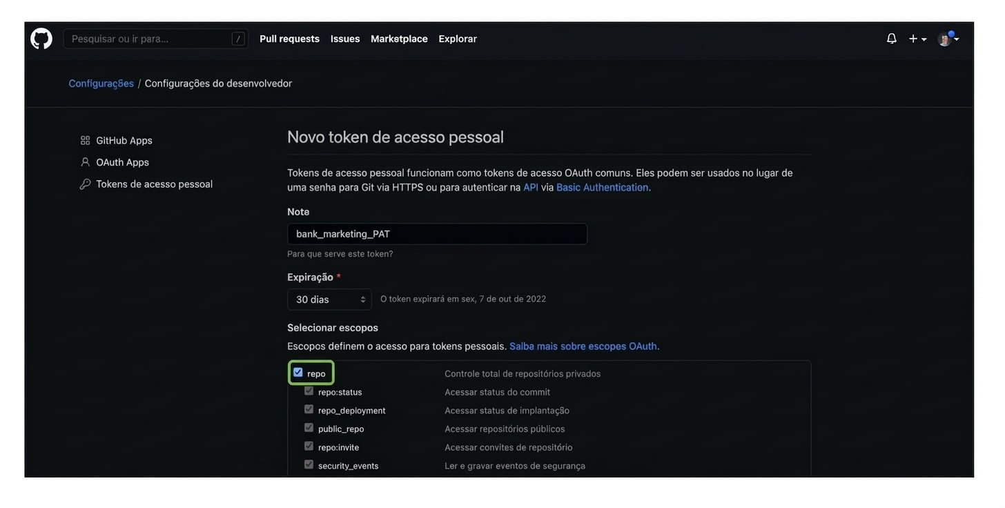 Marcando a caixa de acesso ao repositório