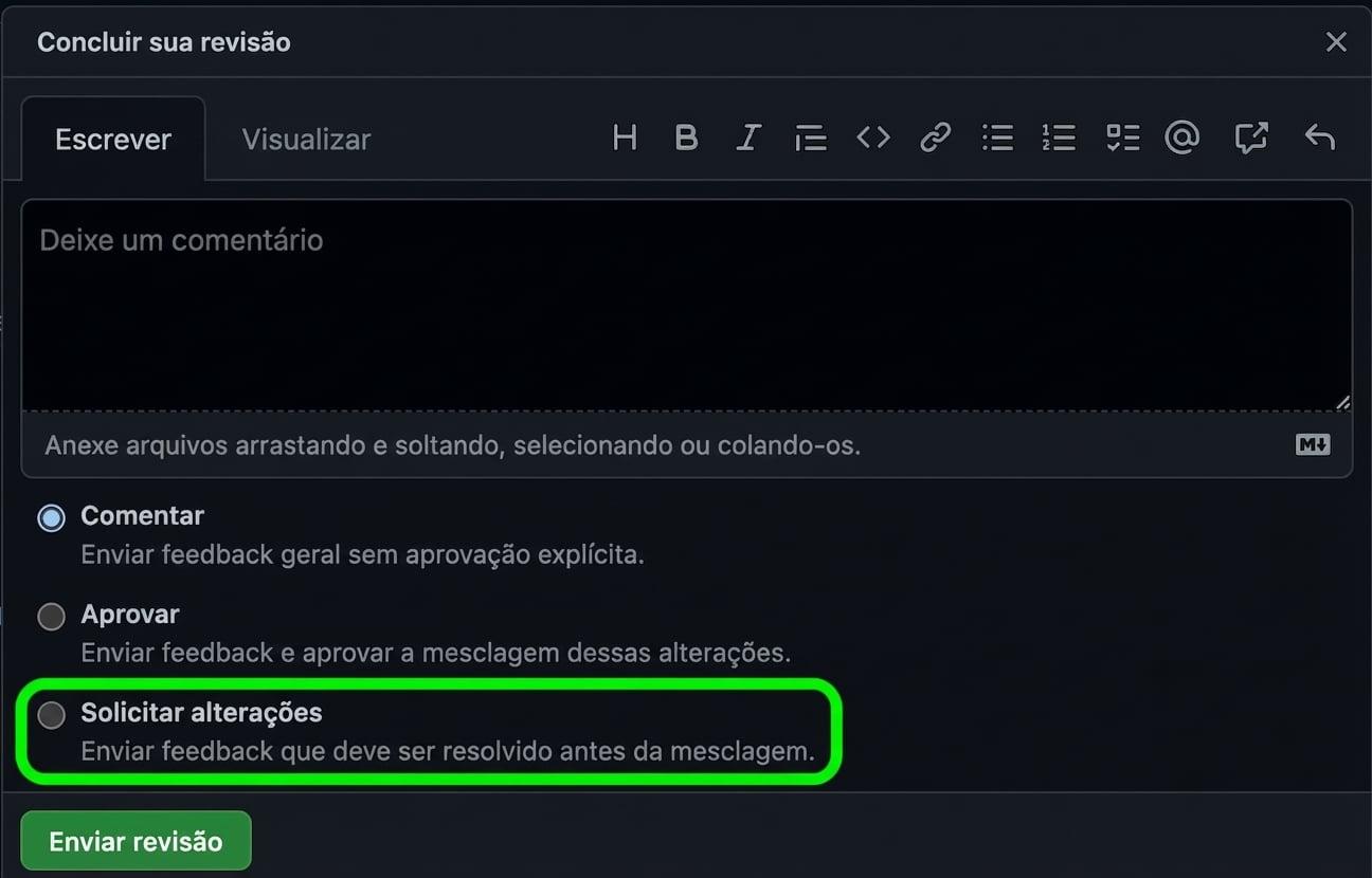 Close da área de resposta a um PR com um círculo em Request changes.