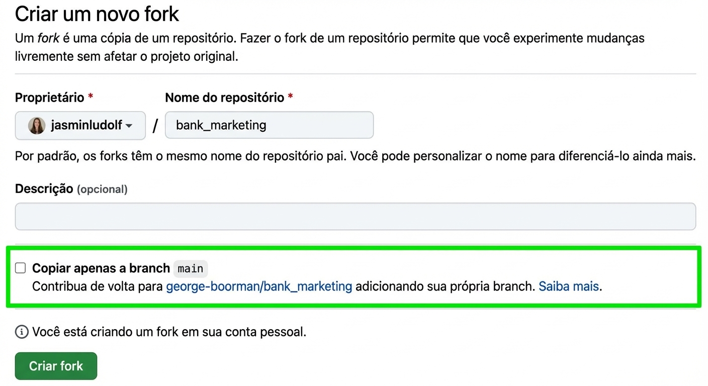 Visão da página de novo fork com a seção de branch destacada