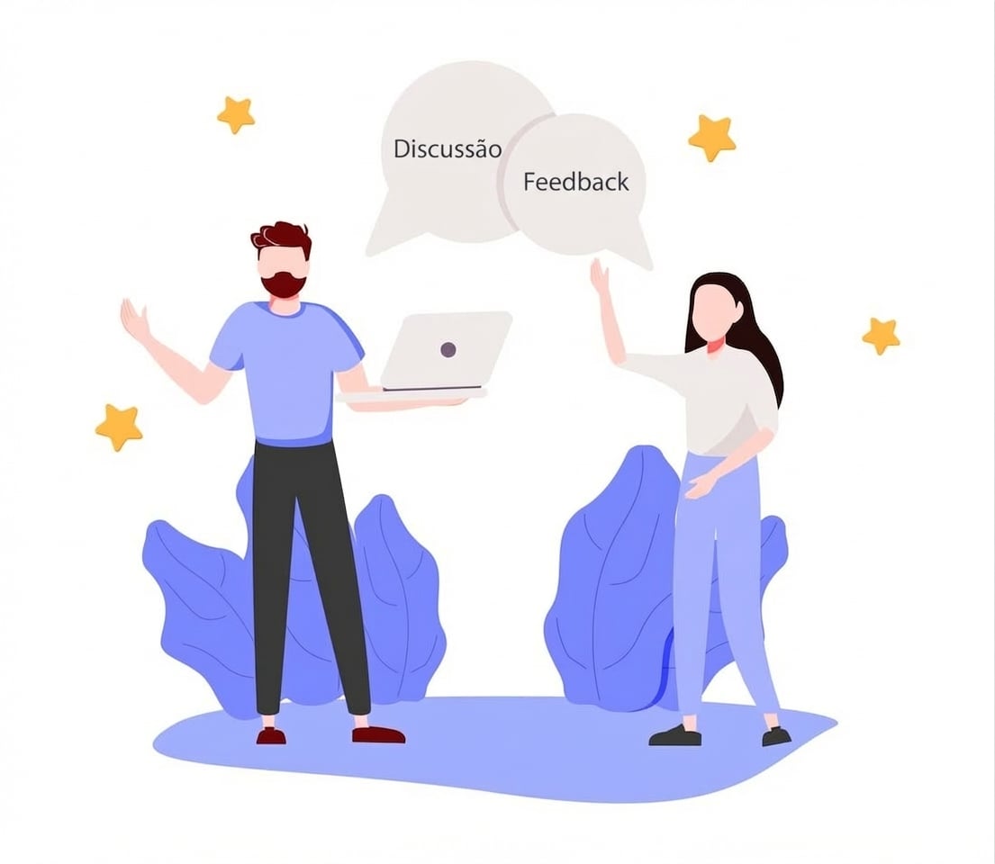 Ilustração de dois colegas se comunicando; duas balões de fala e um com um laptop.