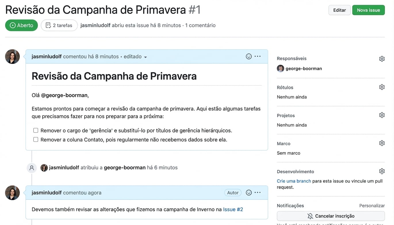 Visual após uma issue ser vinculada