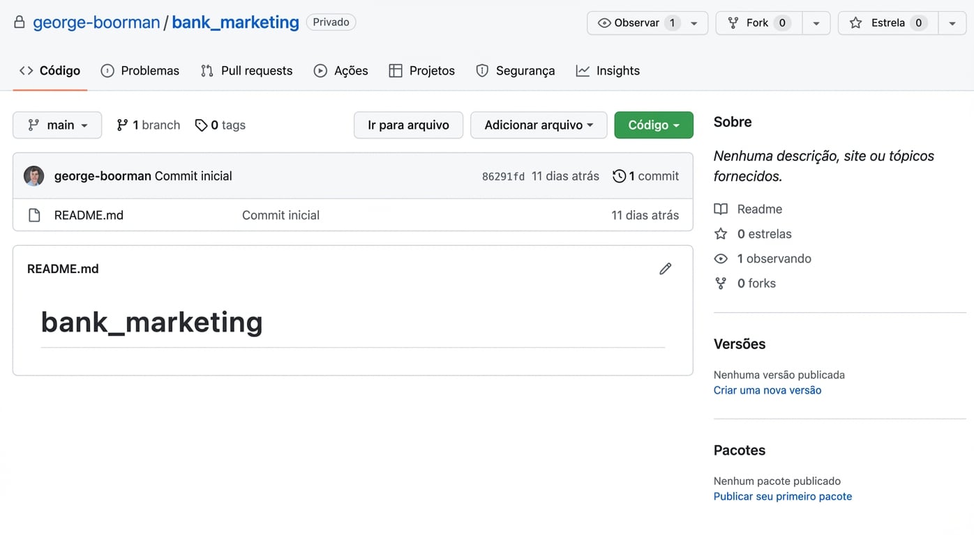 Captura da visão principal do repo privado de bank marketing, de George Boorman
