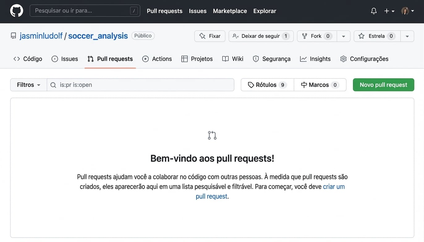 Repositório de análise de futebol com a guia Pull Requests destacada