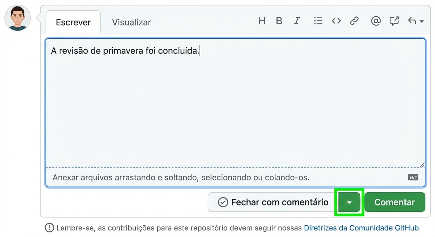 Visual do comentário de fechamento com a seta do menu destacada