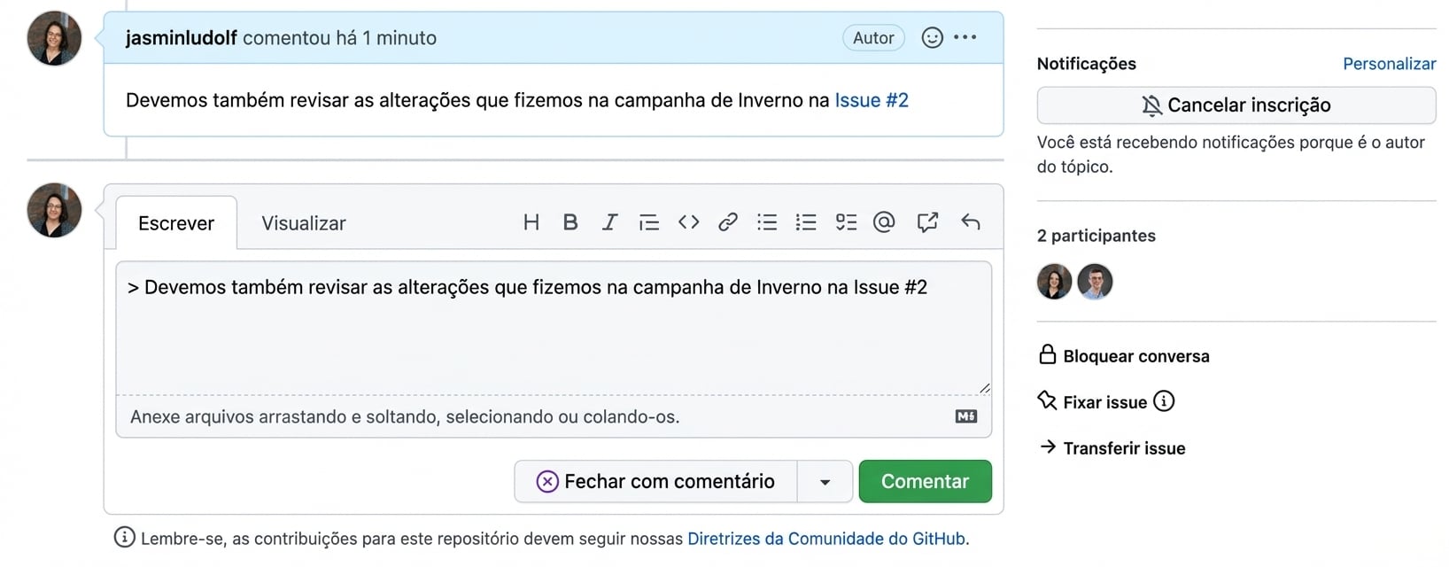 Visual de um comentário citado