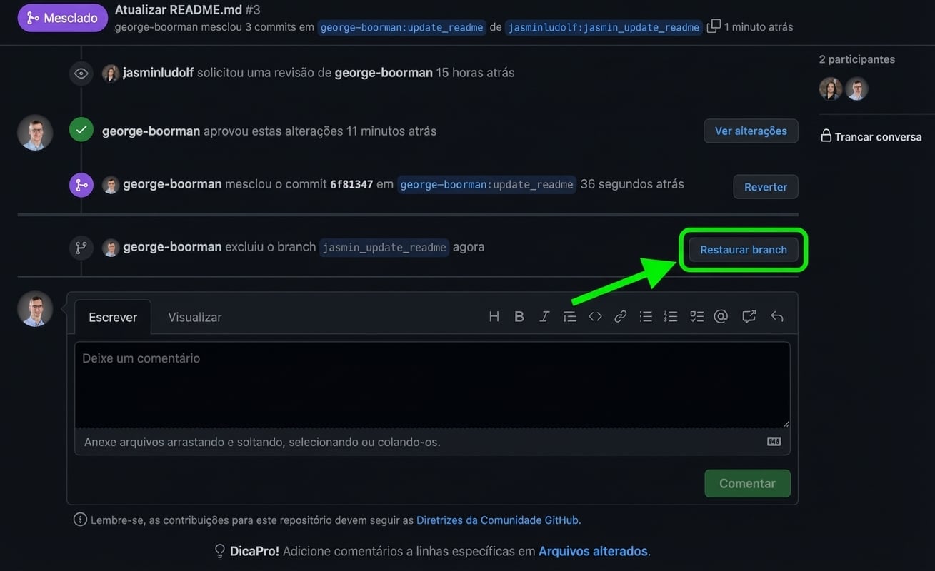 Visão do dono de um PR com merge feito e botão Restore branch destacado