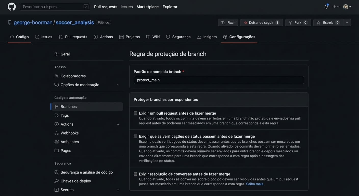Vídeo clicando em Require a pull request before merging