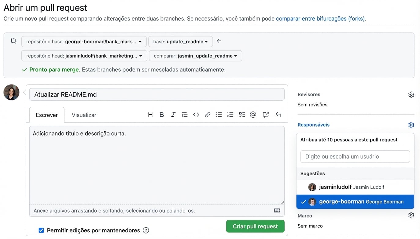 Tela para atribuir um pull request