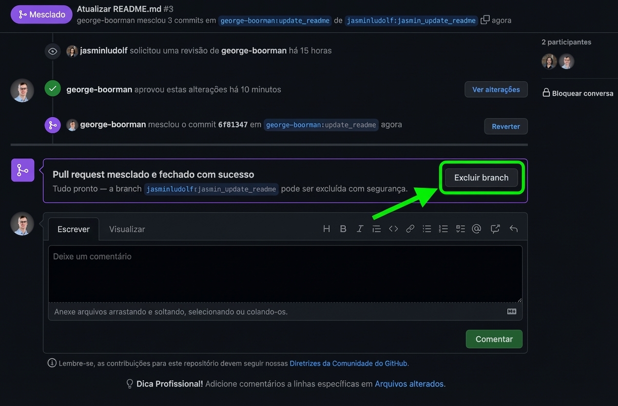 Visão do dono de um PR com merge feito e botão Delete branch destacado