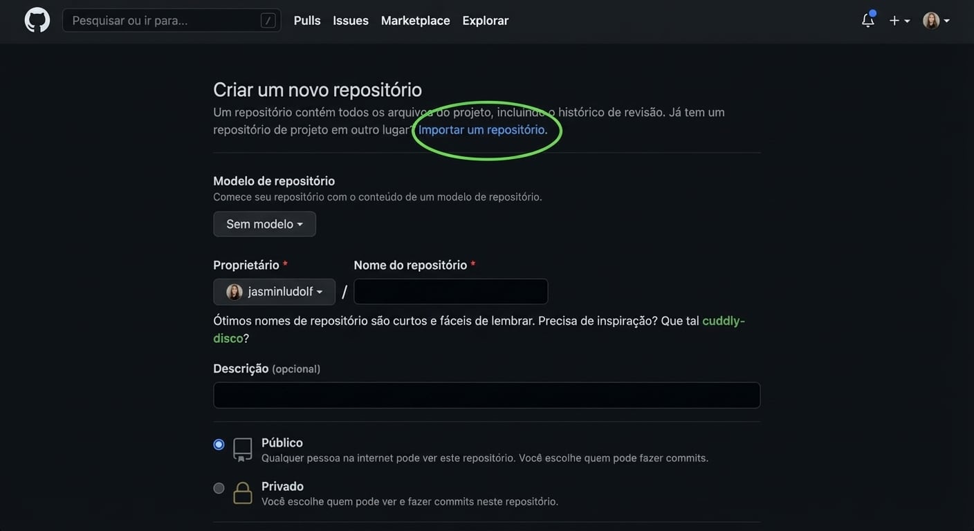Tela de criação de novo repositório no GitHub com a opção de importação destacada