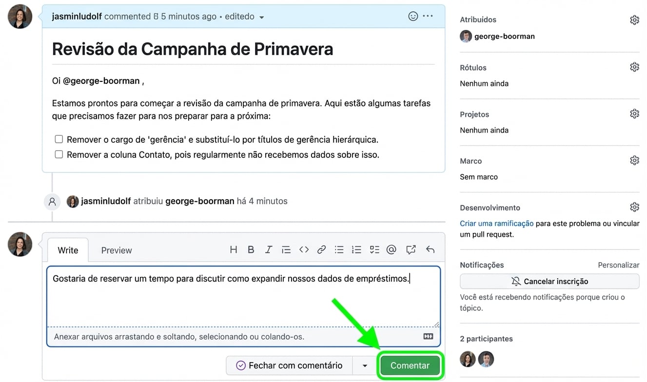Visual adicionando um comentário a uma issue existente
