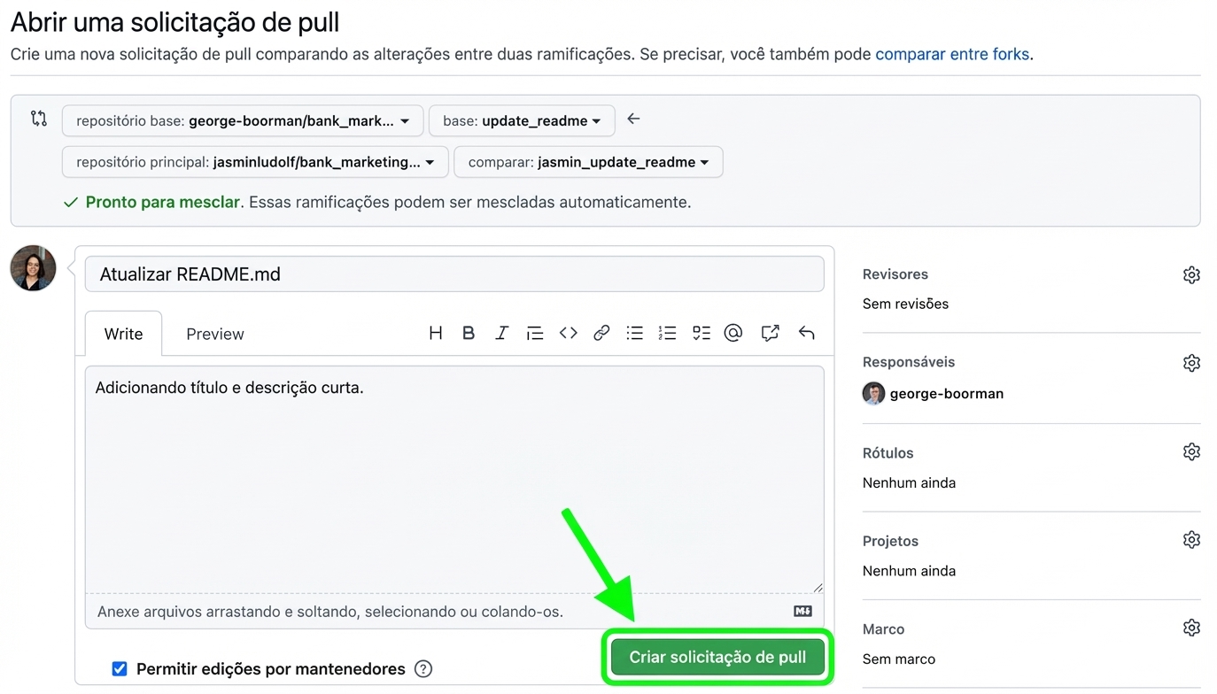 Tela para abrir um pull request com o botão criar pull request destacado