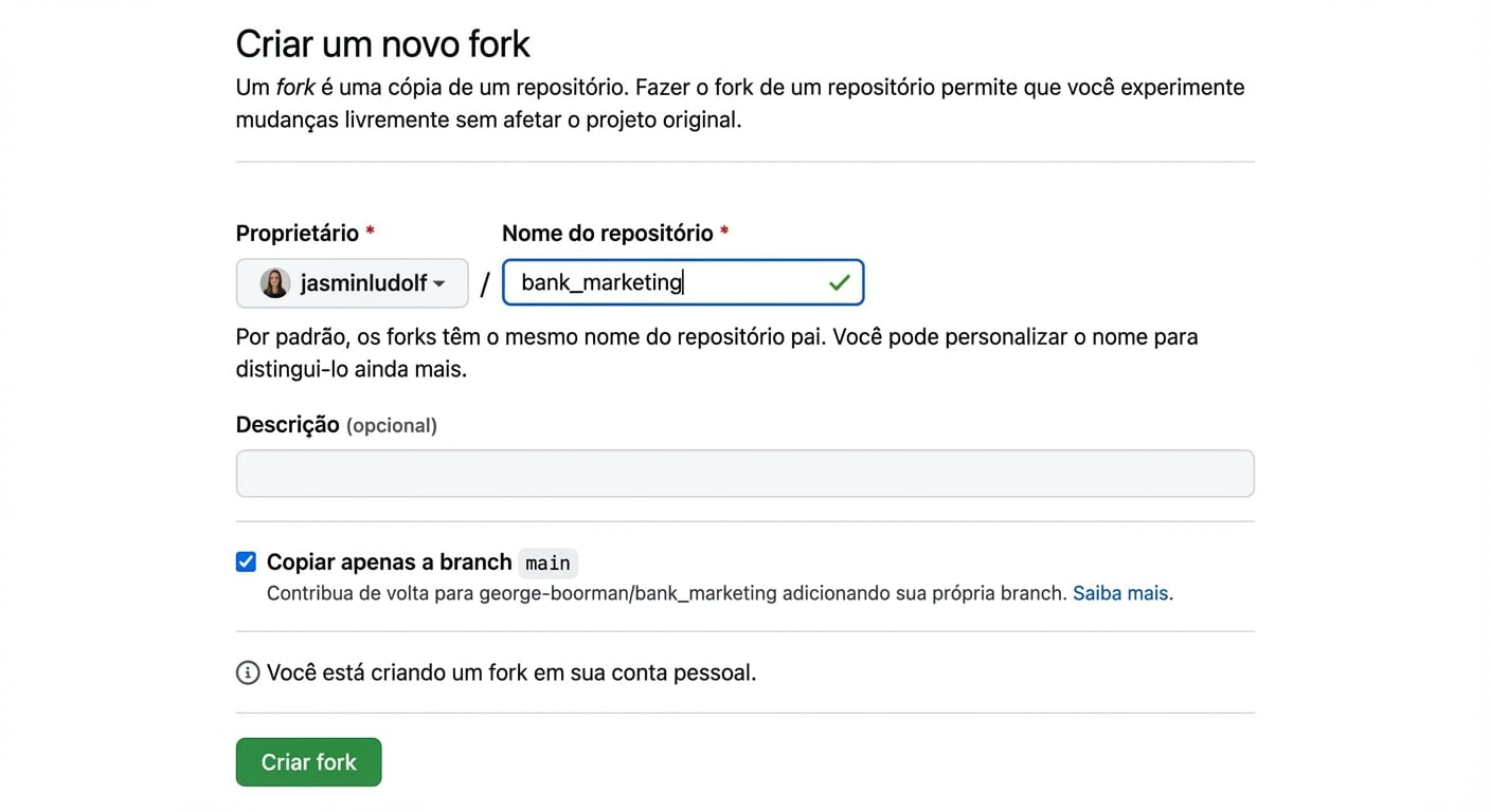 Visão da página de criação de novo fork