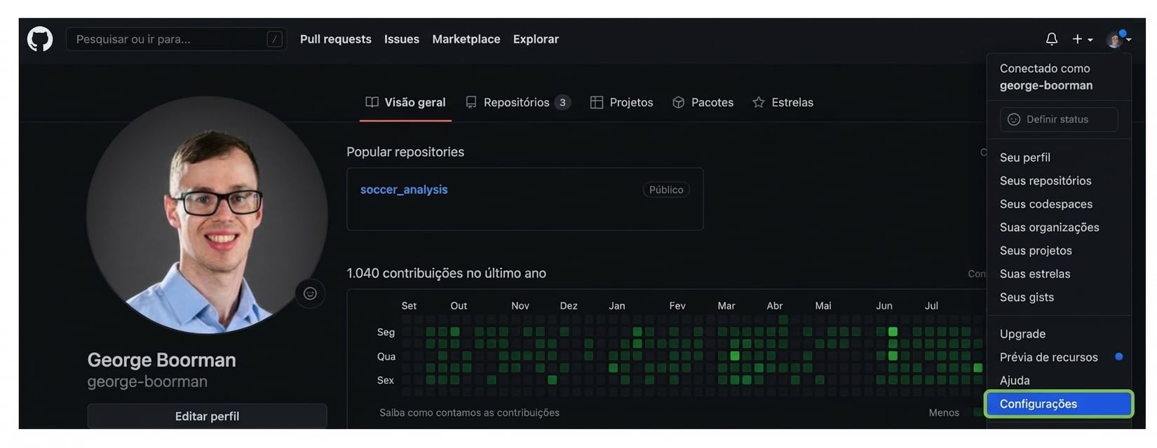 seção de configurações acessada pela página do perfil