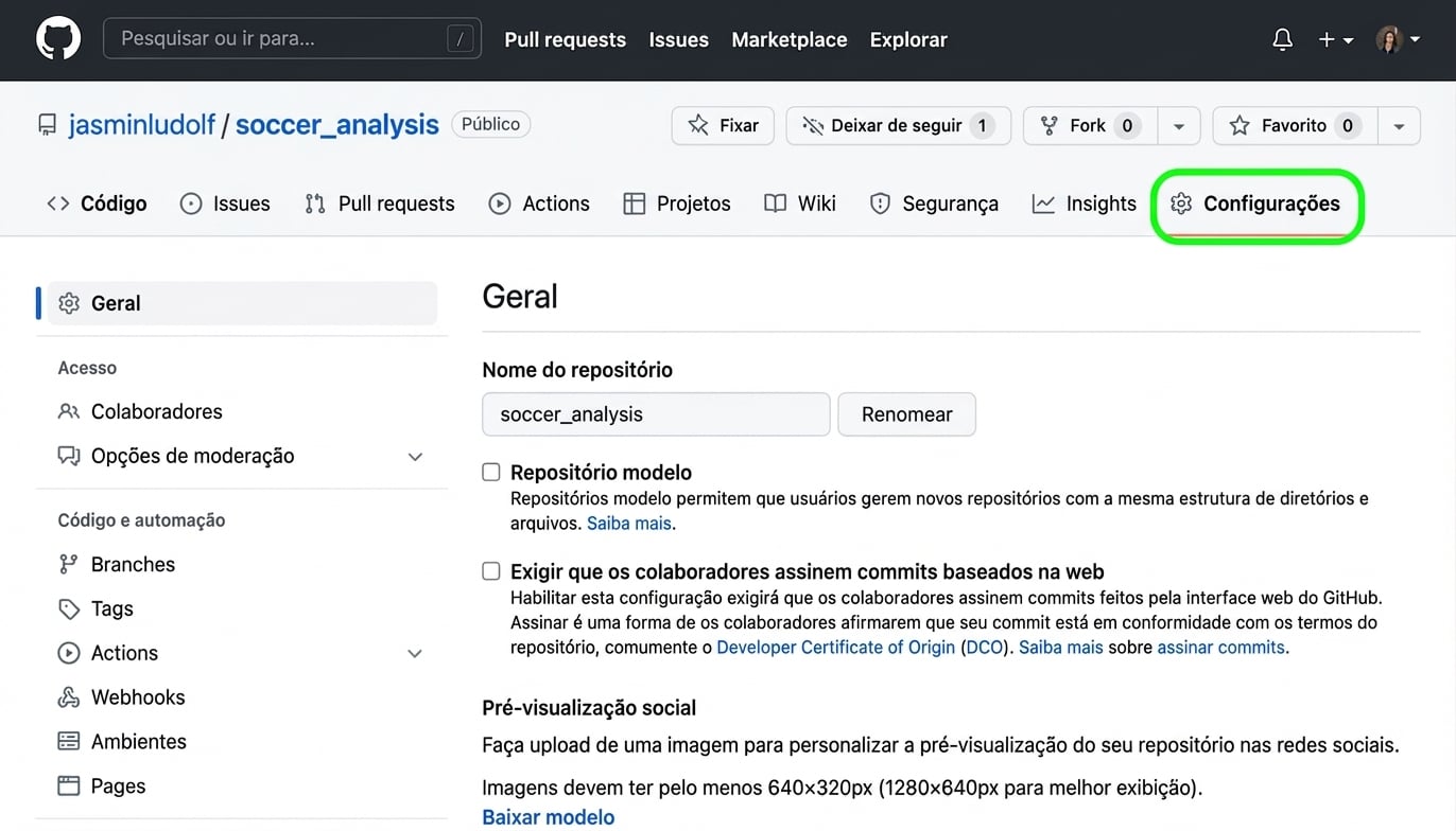 Repositório de análise de futebol com a guia Settings destacada