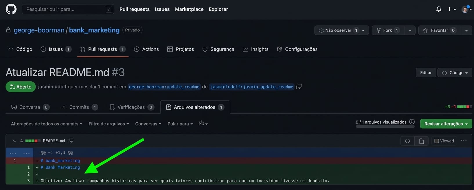 Visão do dono na aba Files changed de um PR destacando o realce em verde