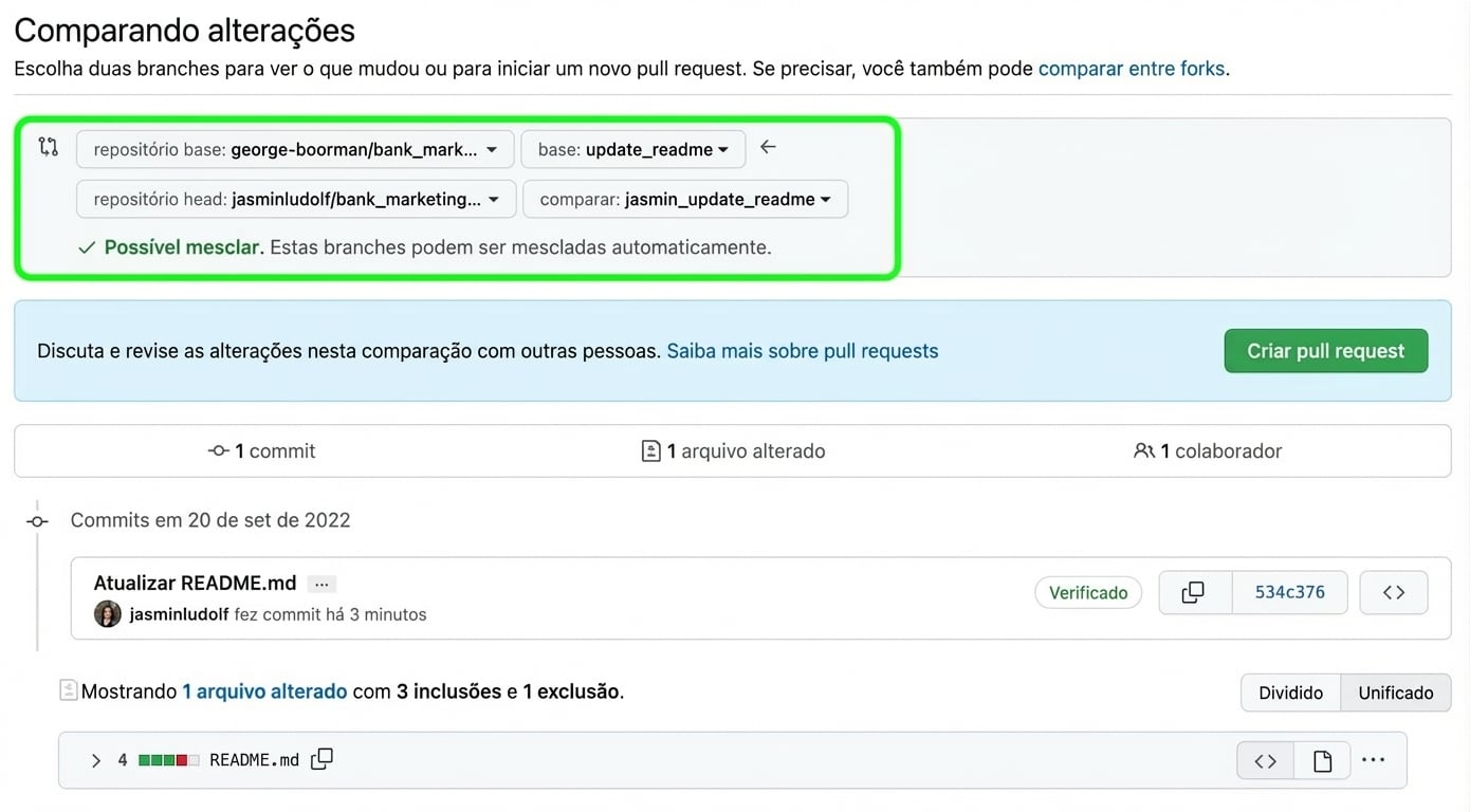 Exibição comparando mudanças destacando as branches base e de comparação