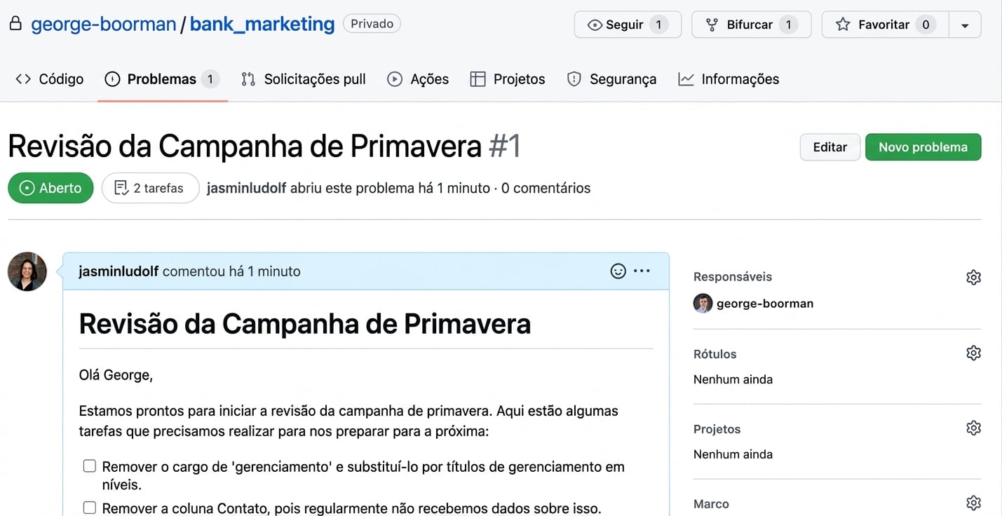 Visual de issue enviada com um usuário atribuído