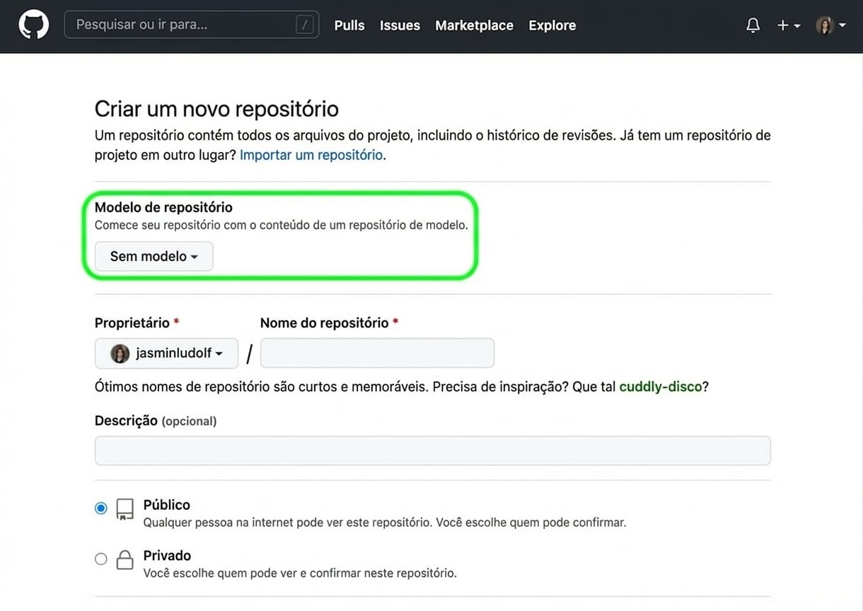 Tela de criação de novo repositório no GitHub com a opção de template destacada