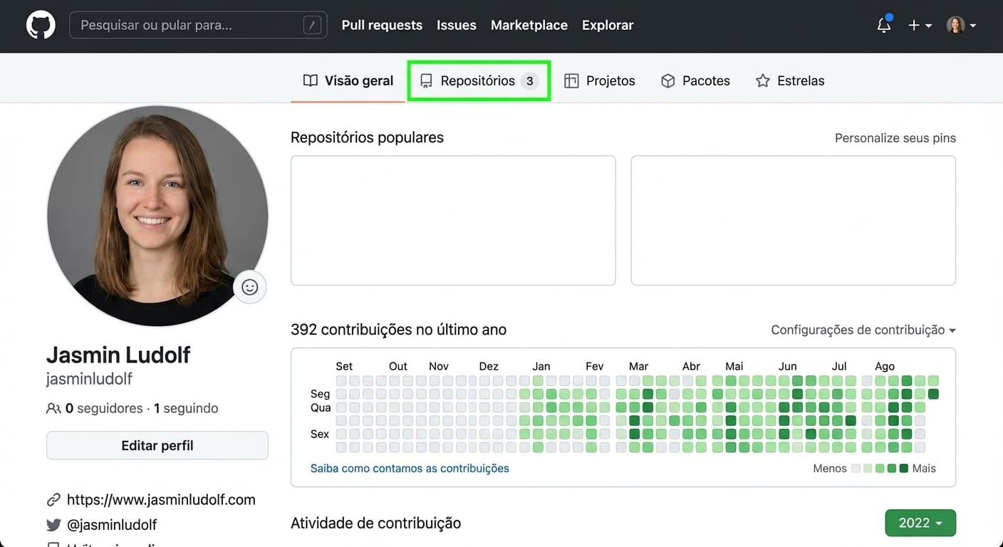 Captura de tela de um perfil do GitHub com um círculo verde na guia repositórios