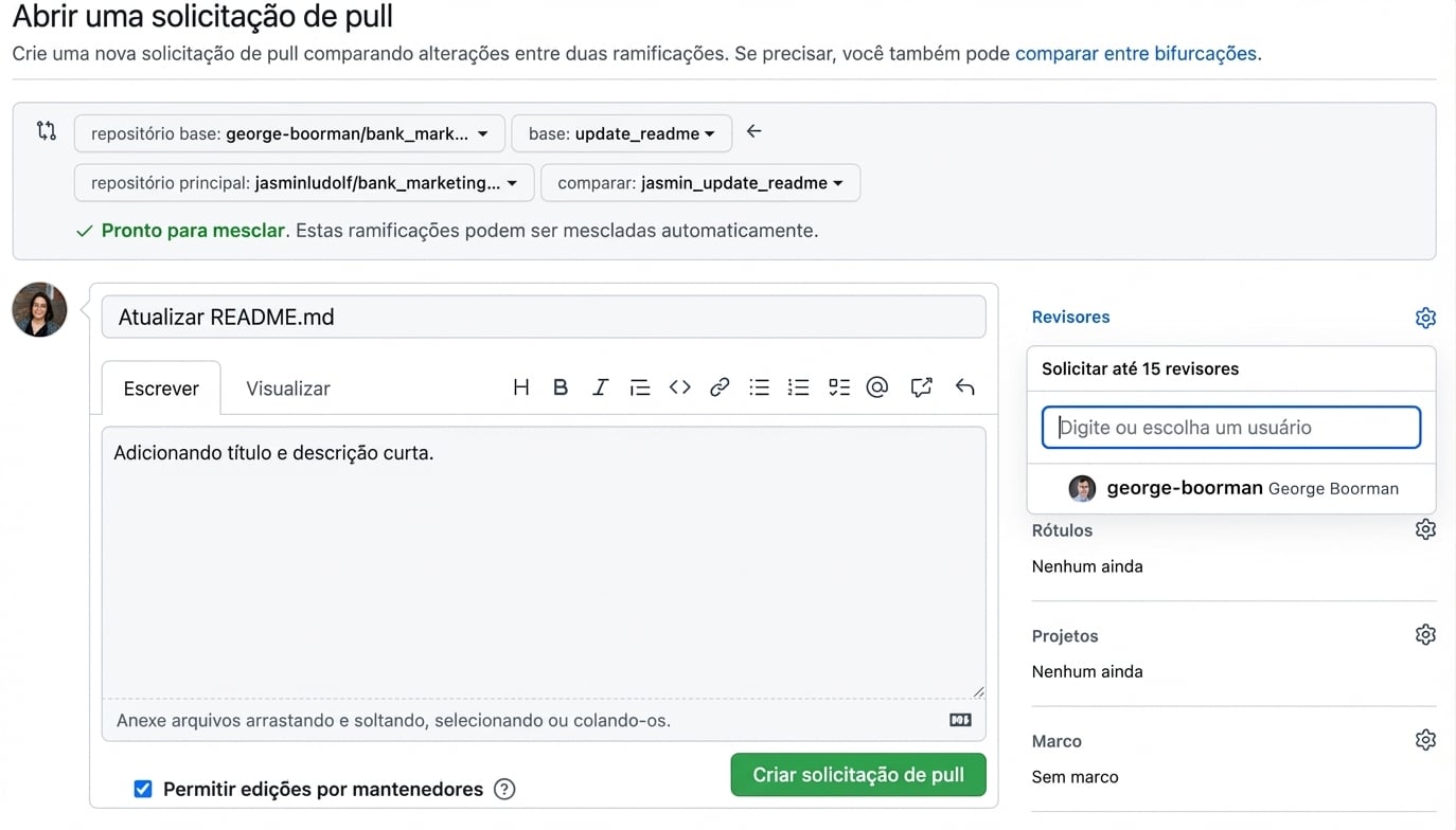 Visão do pull request com a seção Reviewer visível