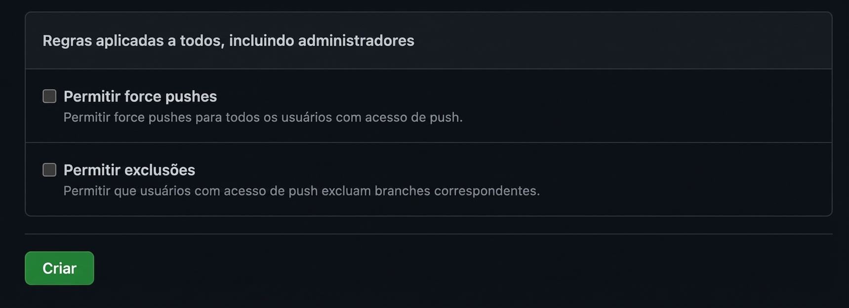 Clique em create para salvar a regra