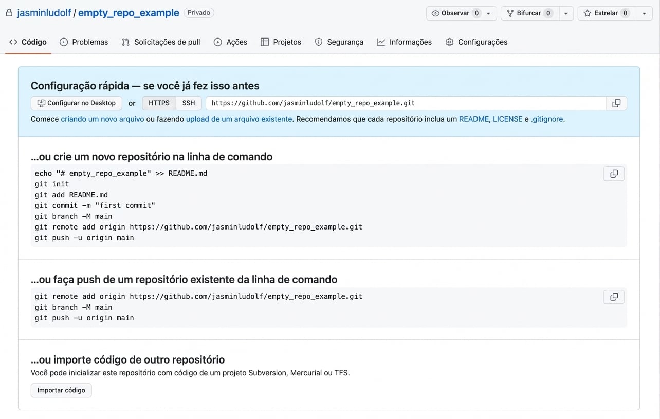 Visão de um repositório vazio e onde obter o link de clone