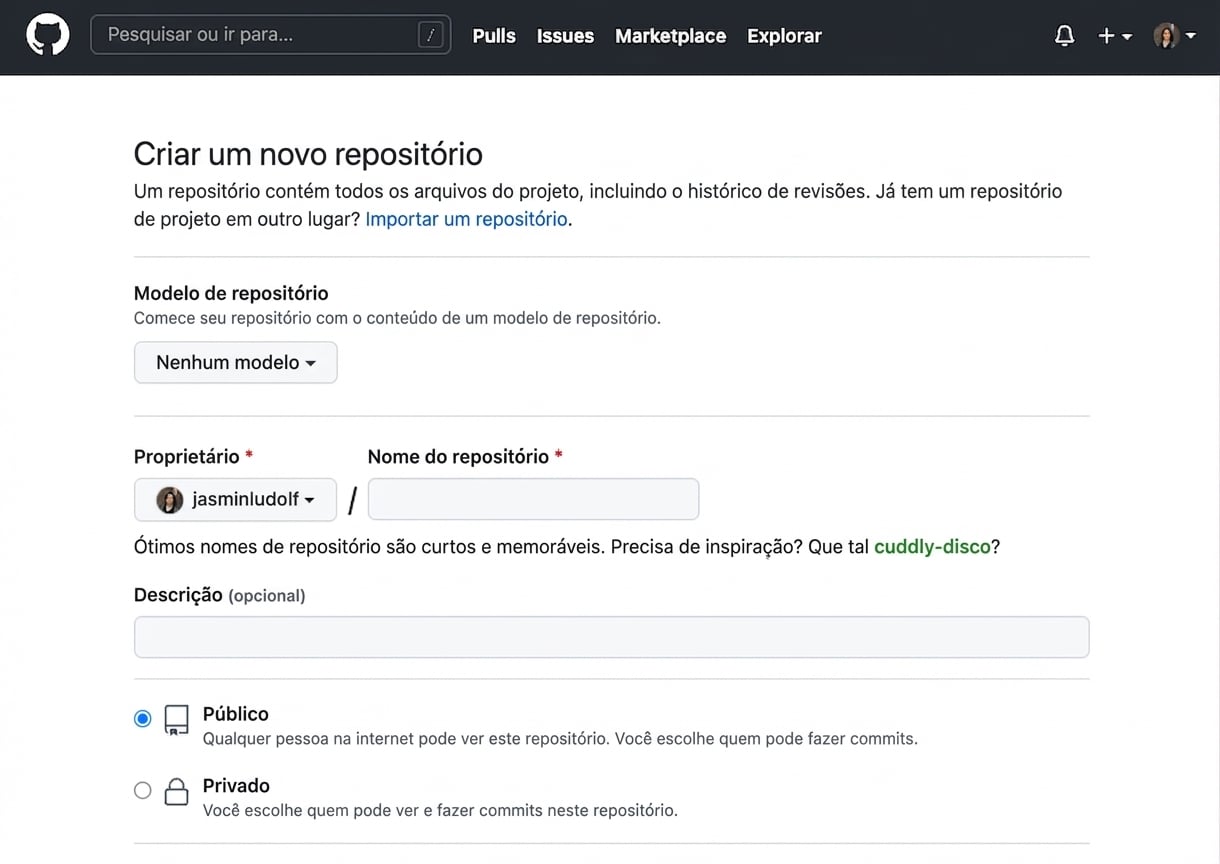 Tela de criação de novo repositório no GitHub