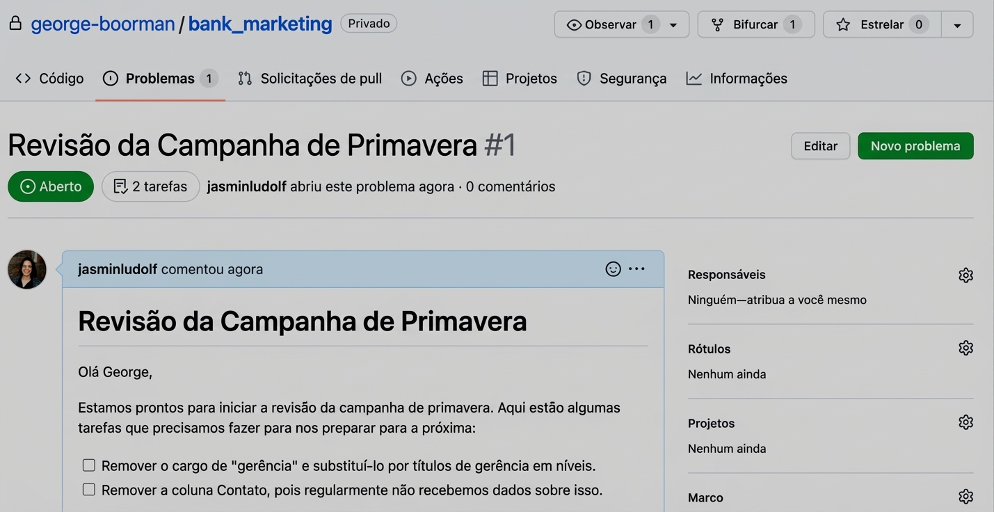 Visual de uma issue enviada sem atribuições
