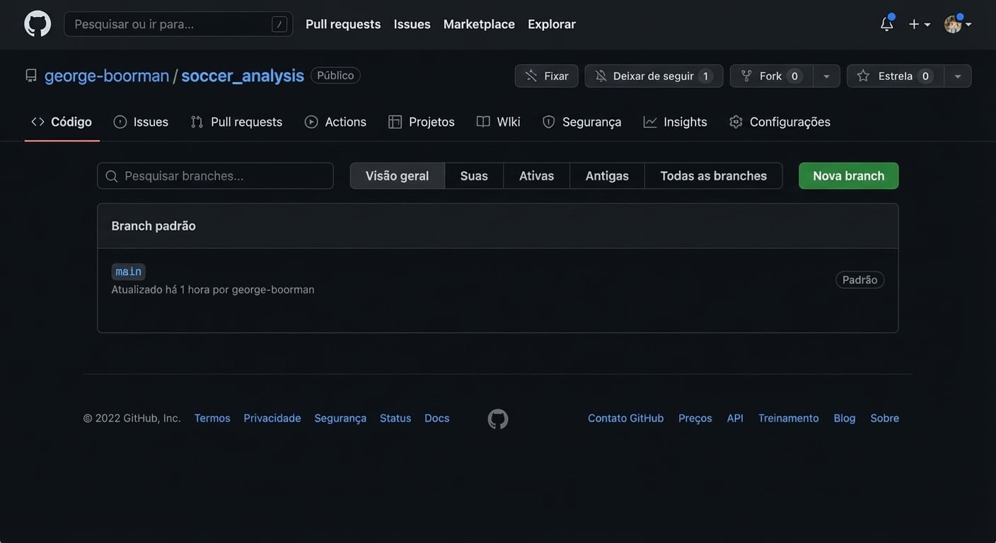 lista de branches, mostrando apenas main. Botão New branch à direita em verde