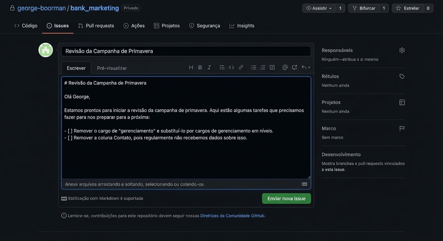 Visual ao criar uma issue com título e descrição preenchidos