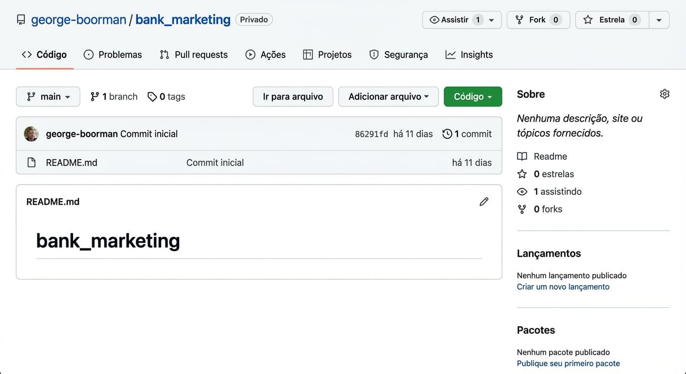 Visão do repo bank marketing com um círculo verde no botão Code e uma seta apontando para ele.