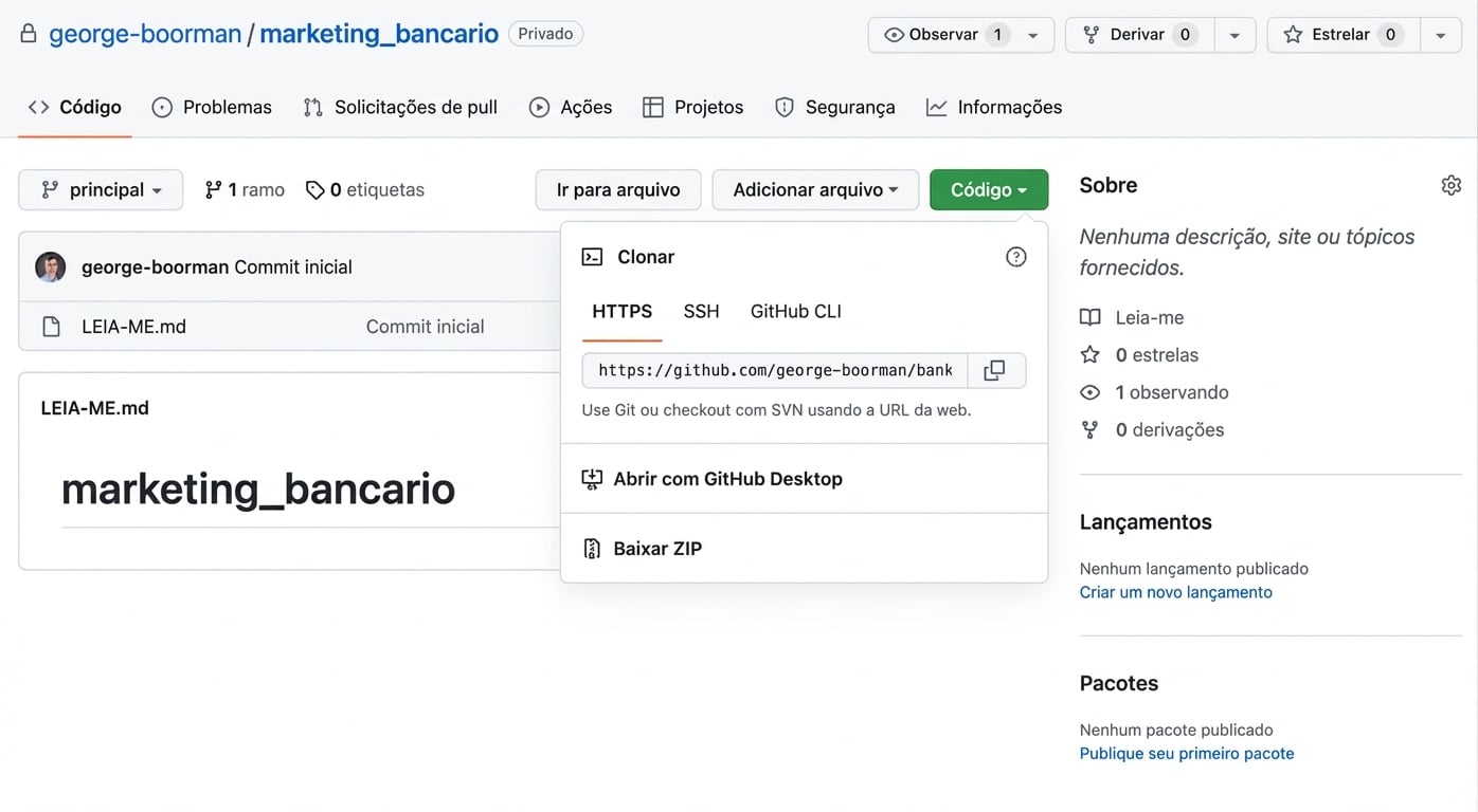 Visão do menu após clicar no botão Code em um repo do GitHub.