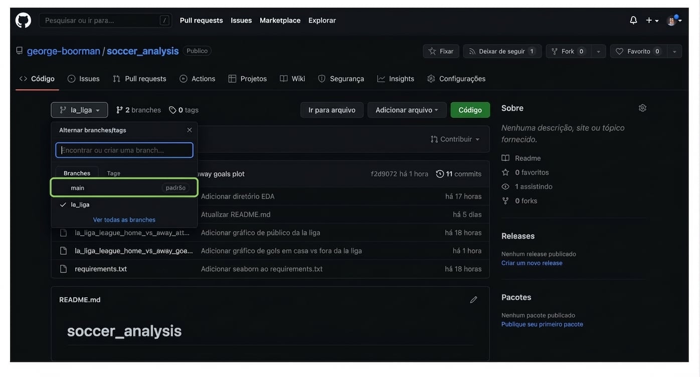 escolhendo main no menu suspenso de branches