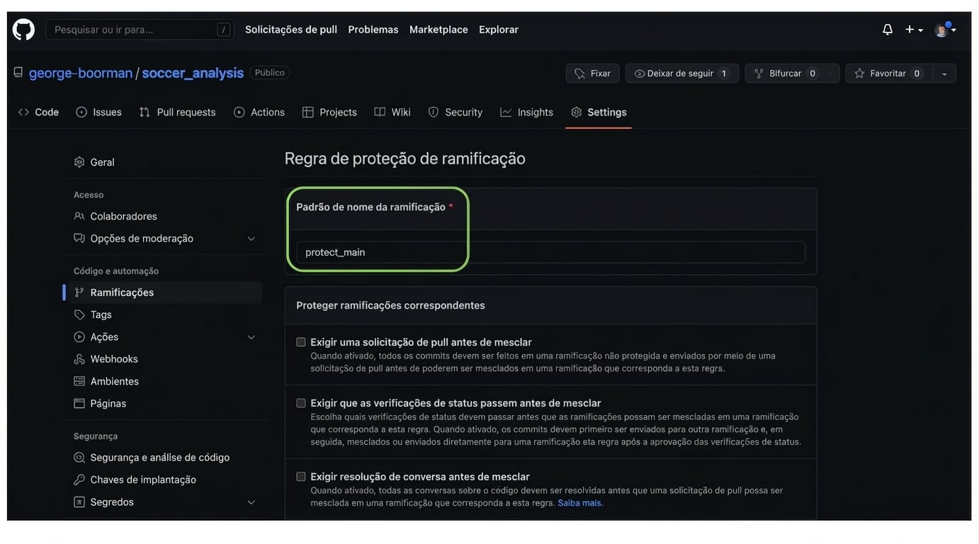Nomeando o padrão de nome da branch como protect main